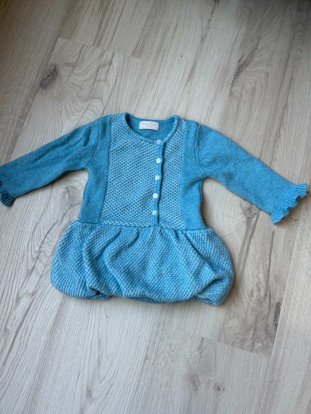 Mayoral boutique blue teal Knit Button-Up Puff Hem Dress 6-9 months